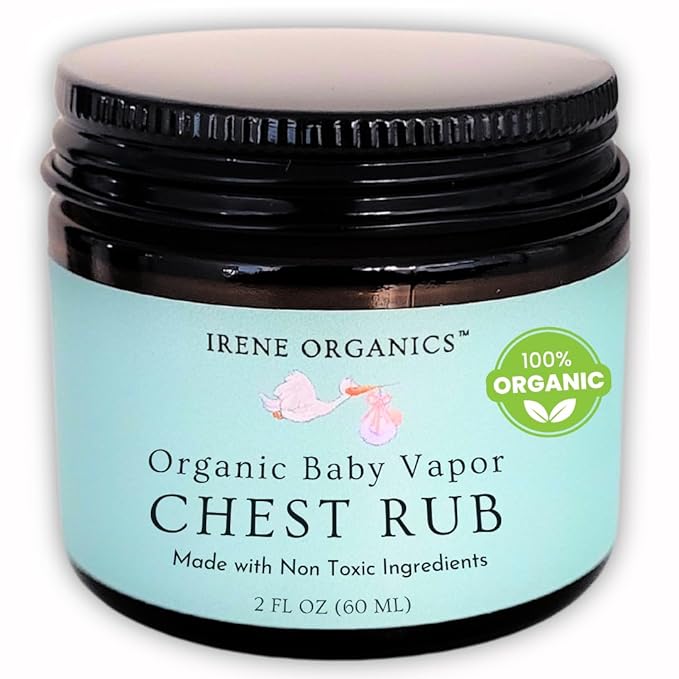 Irene Organics Organic Baby Vapor Chest Rub Clean Vapo Rub Made with Non Toxic Ingredients, Organic Cough & Congestion Relief Balm, Safe Natural Eucalyptus & Lavender Rub for Newborns & Kids
