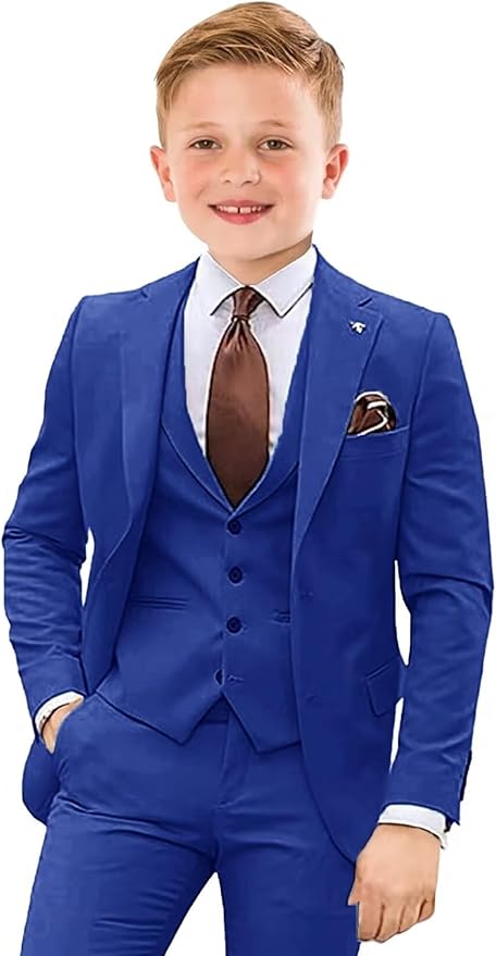 Boys Suit 4 Piece Slim Fit Kids Tuxedo Suit Formal Wedding Outfit Blazer Vest Pants Set with Tie