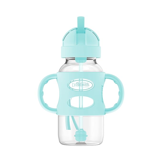 Dr. Brown's Milestones Wide-Neck Sippy Straw Bottle with 100% Silicone Handles and Weighted Straw, 9 oz/270 mL, Gray & Green, 6m+