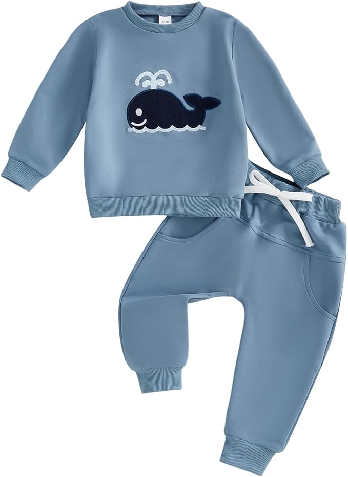 Nyapruwe Toddler Baby Boy Fall Outfit Funny Print Long Sleeve Sweatshirt Joggers Pants Set Kids Warm Winter Clothes