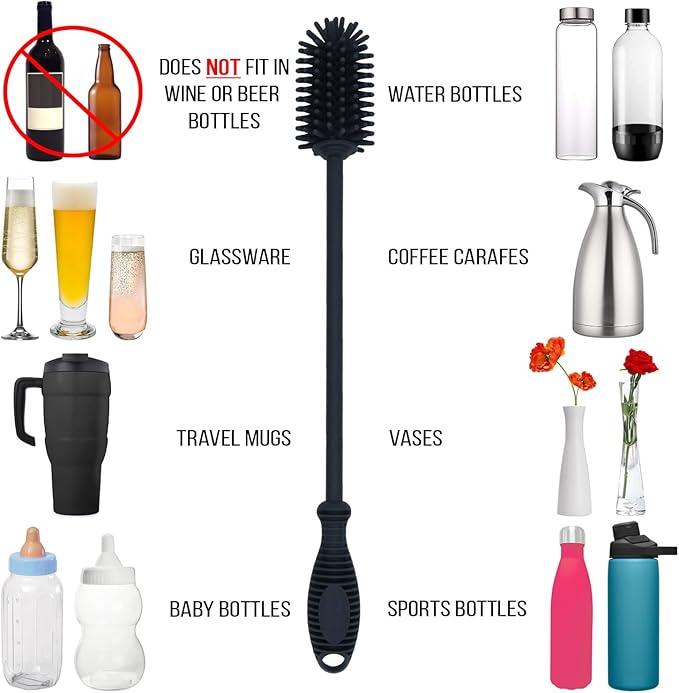 12.5" Silicone Bottle Brush & Straw Cleaner Brush Set | Water Bottle Cleaner for Hydro Flasks, Tumblers, Glassware, Vases and Narrow Neck Containers