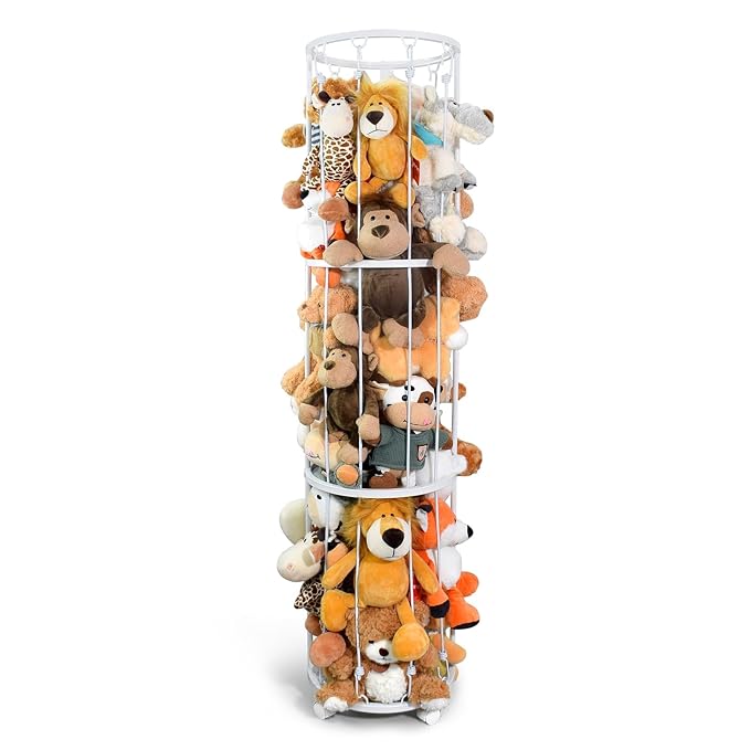 Stuffed Animal Storage Zoo Plushies Toy Storage Organizer, Metal Tube Stuffed Animal Holder with Brake Wheels, Space Saving Plush Toy Holder for Playroom Bedroom Nursery (White)