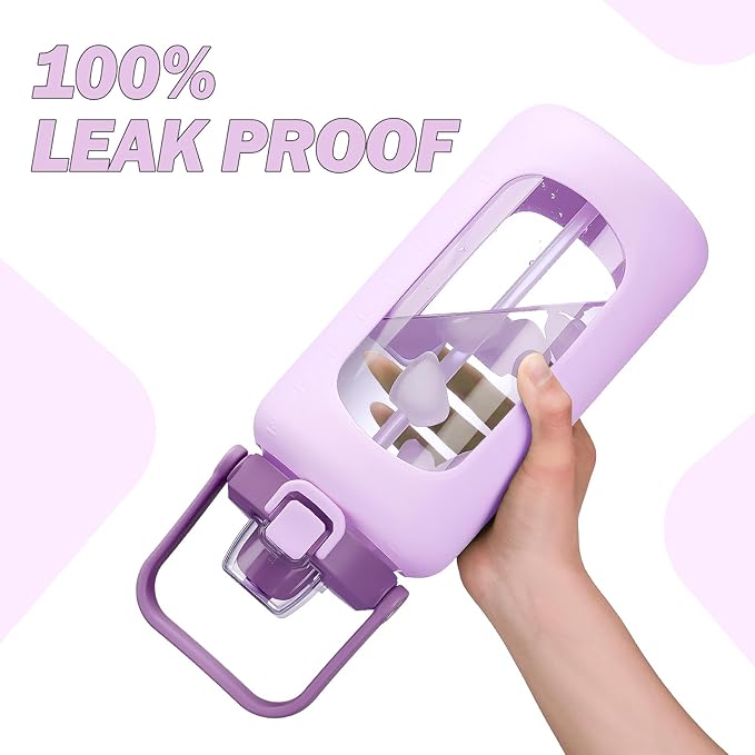 72oz Glass Water Bottle with 2-IN-1 Straw &Chug Lid, Large Motivational Glass Bottle with Capacity Marker and Silicone Sleeve, 2.1Liter Gallon Water Jug for Home, Sports, Gym, BPA Free-Light Purple