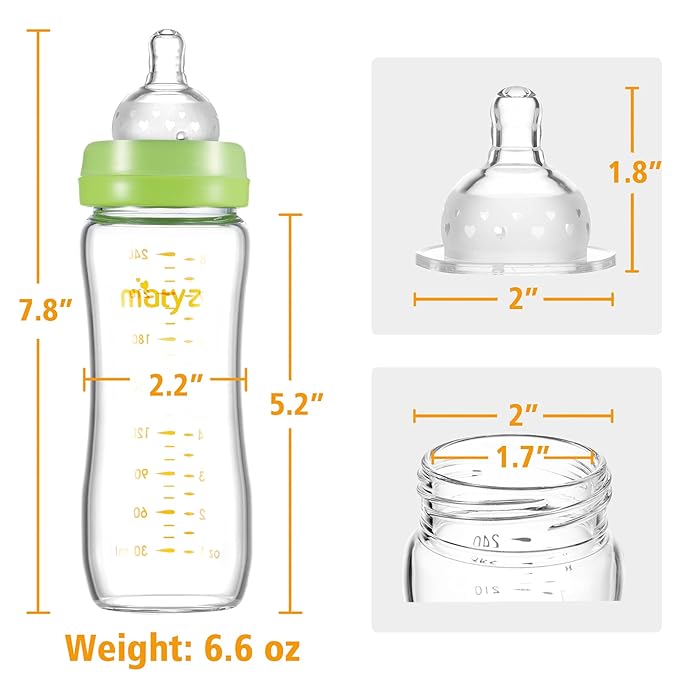 Matyz Glass Breastmilk Baby Feeding Bottle with Nipple, 4 Pack, 8 oz Slim and Light Bottle Easy to Hold, Food Grade Borosilicate Glass, Wide Neck Easy to Clean, No BPA (Green Lids)