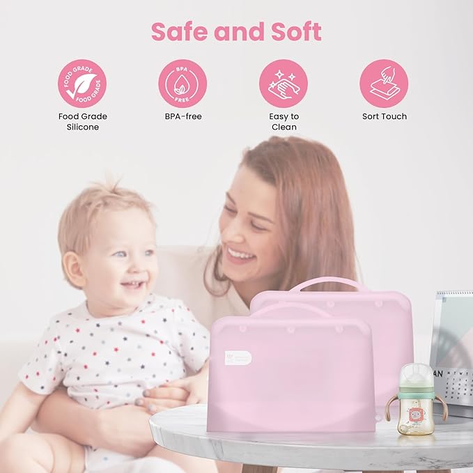 Silicone Microwave Steam Sterilizer Bag for Baby Bottles, Reusable Sterilizing Bag for Pump Parts and Toddler Accessories, Easy to Use Sterilizer Bags Perfect for Home and Travel, Pink& White (2PC)