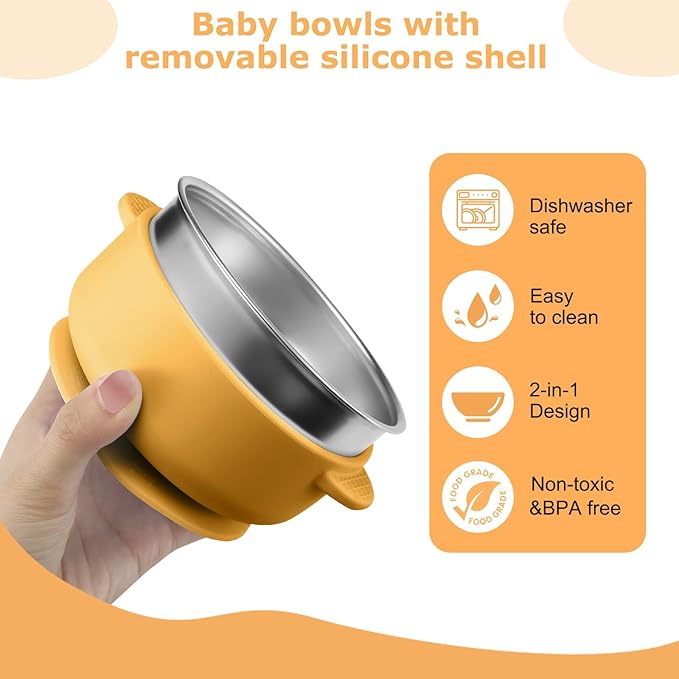 2 Pack Stainless Steel Baby Bowls with Removable Non-Slip Silicone Suction Shell and Lids, Anti Scald Food Container for Baby Food Feeding-Skyblue & Yellow