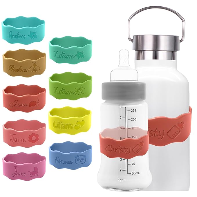 Personalized Baby Bottle Labels for Daycare Custom Water Bottle Name Bands Customized Engraved Silicone Baby Reusable Bottle Straps Labels for Cups School-Orange Red