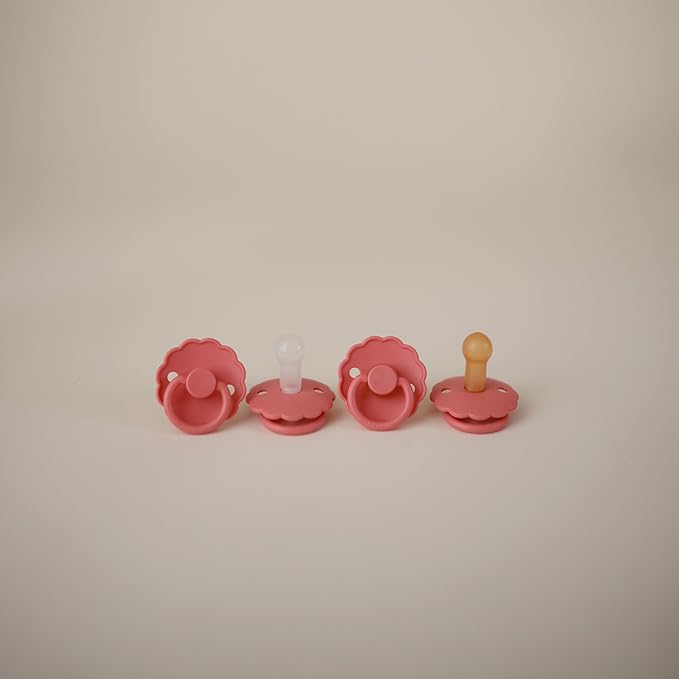 FRIGG Daisy Natural Rubber Baby Pacifier | Made in Denmark | BPA-Free (Pink Cream/Poppy, Size 1) 2-Pack