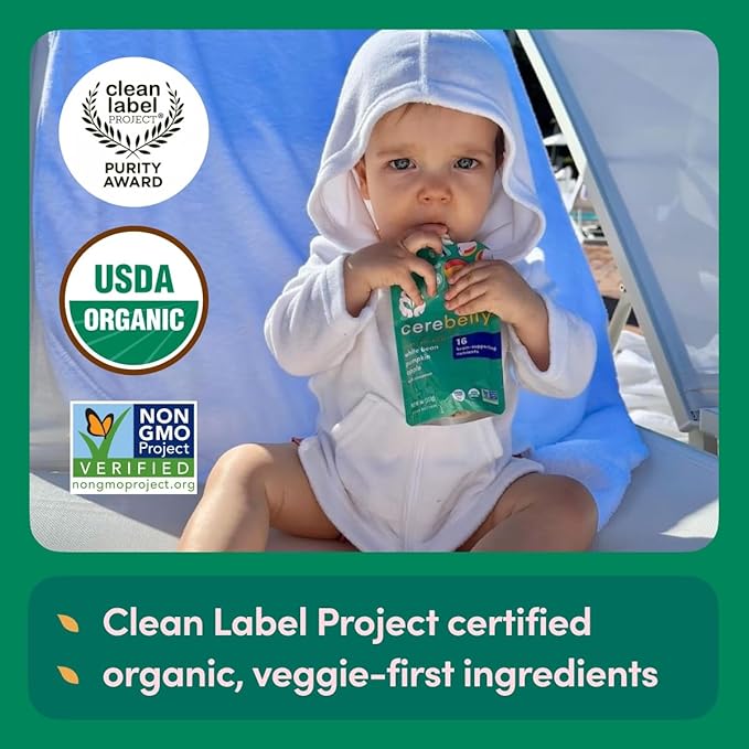 Cerebelly Organic Baby Food Pouches, White Bean Pumpkin Apple Purees, 16 Nutrients, No Added Sugar, Fiber & Non-GMO, 4oz, 12 Pack