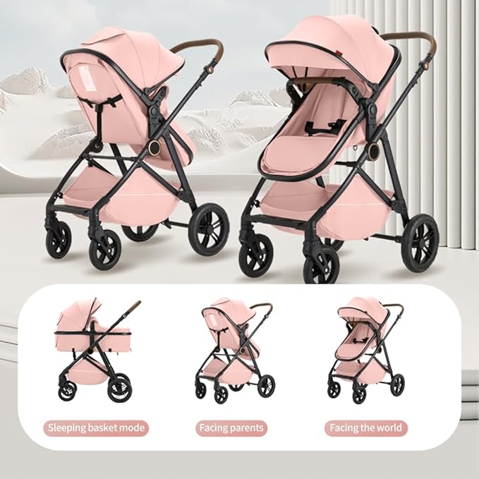 2 in 1 Baby Stroller, High Landscape Infant Stroller Pram Foldable Pushchair with Adjustable Canopy, Storage Basket,5-Point Harness,Mom Bags (Black)