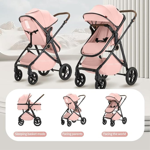 2 in 1 Baby Stroller, High Landscape Infant Stroller Pram Foldable Pushchair with Adjustable Canopy, Storage Basket, Suspension Wheels,5-Point Harness,Mom Bags (Brown)