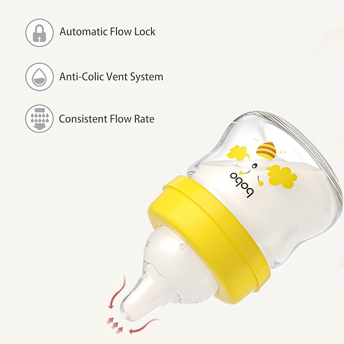 YOHKOH Glass Baby Bottles with Slow Flow Nipple, Newborn Anti-Colic Baby Bottles for 0+ Months, Wide Neck Feeding Bottle, Clear (Multicolour, 2.7oz (Pack of 4))