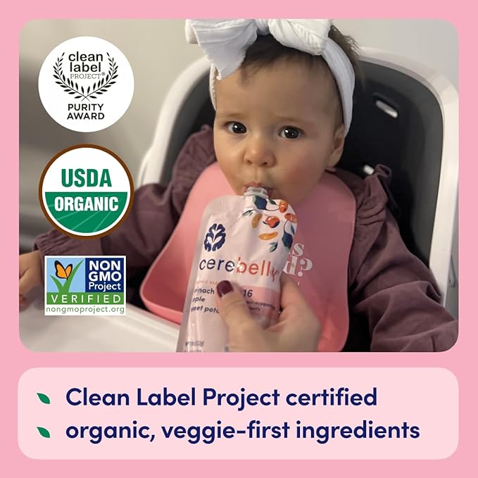 Cerebelly Organic Baby Food Pouches, Spinach Apple Sweet Potato Purees, 16 Nutrients, No Added Sugar, Fiber & Non-GMO, 4oz, 6 Pack