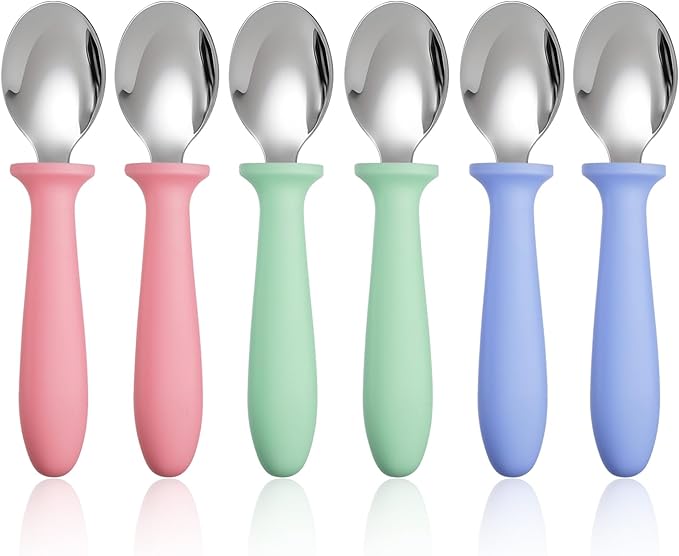 Pimoys 6-Pack Stainless Steel Toddler Spoons Baby & Kids Utensils for Self-Feeding Plastic Handle Dishwasher Safe