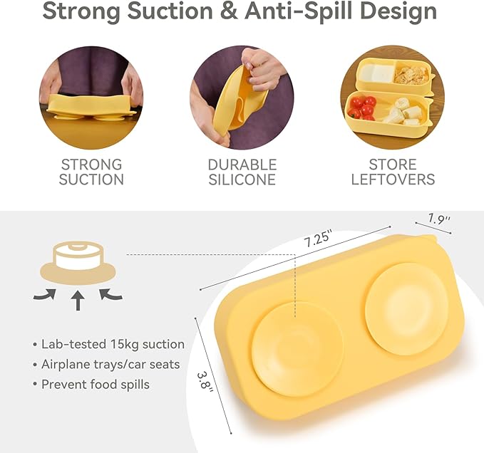 Portable Baby Plates with Suction, 6Pcs Travel Silicone Feeding Set for Toddlers, Foldable, Non-Slip Dishwasher Safe Plates & Utensils, BPA Free, Cat Design Gift Ready(Pale Yellow)