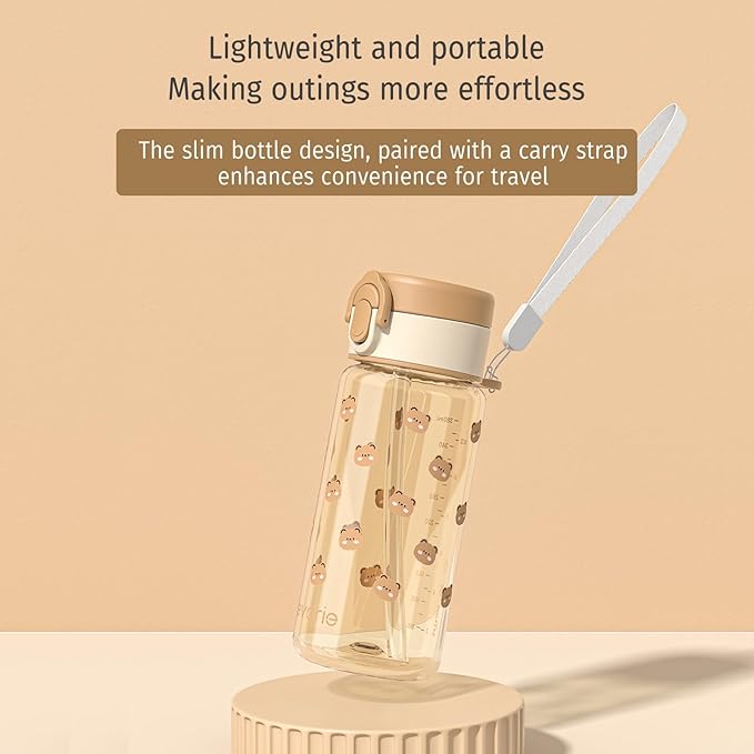 Evorie Tritan Kids Water Bottle for School with Straw, 13oz BPA Free Leak Proof Drinking Cup, Lightweight and Durable Drink Bottle (Honey Bear)