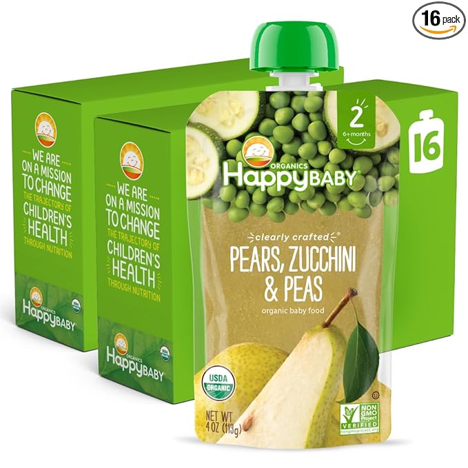Happy Baby Organics Stage 2 Baby Food Pouches, Gluten Free, Vegan & Healthy Snack, Clearly Crafted Fruit & Veggie Puree, Pears, Zucchini & Peas, 4 Ounces (Pack of 16)
