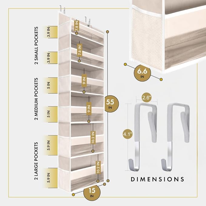 HOMELUX THEORY 2 PC Heavy Duty Over the Door Organizer 55x14x6.7, 6 Large Front & 12 Side Pockets, Hanging Storage Closet Door Organizer for Bedroom, Bathroom and Baby Nursery Storage (Ivory)