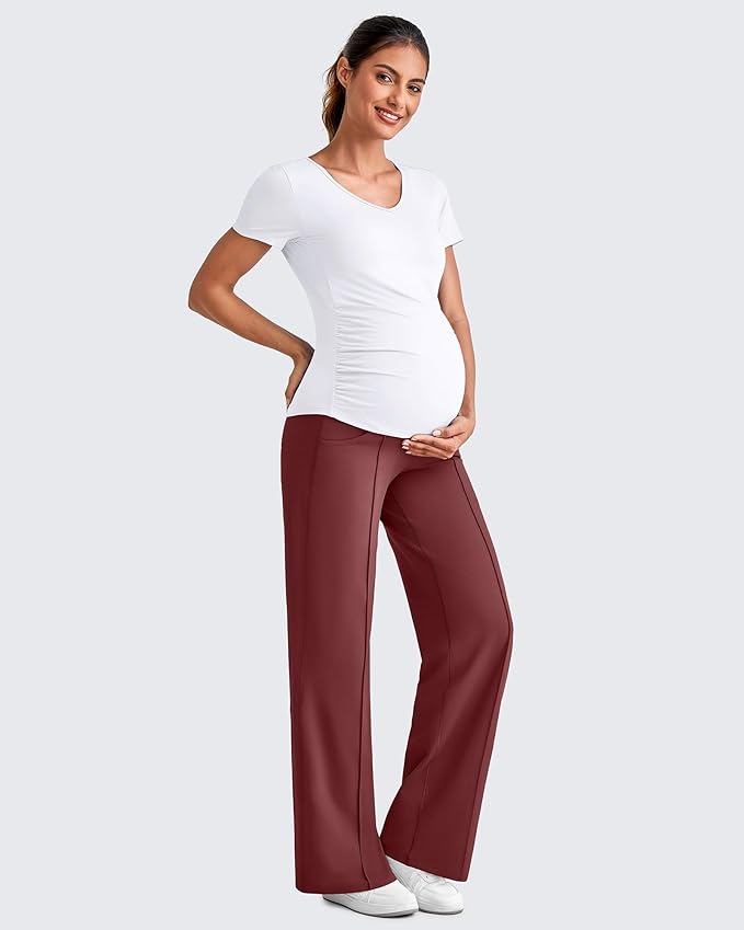 G4Free Maternity Dress Yoga Pants with Pockets Over The Belly Stretchy Work Slack Pregnancy Wide Leg Lounge Trousers