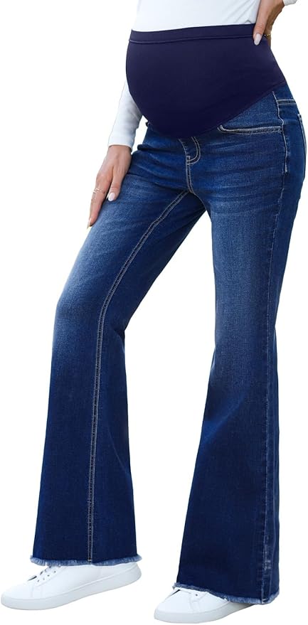 BLENCOT Maternity Jeans for Women Over Belly Pregnancy Pants Comfy Pregnant Jeans Flare Denim Jeans with Pockets