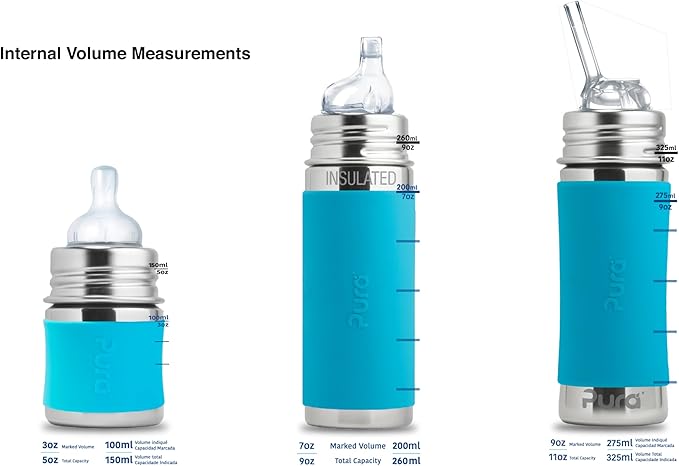 Pura Kiki 11oz/325ml Stainless Steel Straw Bottle w/Sleeve - 100% Plastic-Free, MadeSafe Certified, 100% Medical-Grade Silicone Straw for Kids, Toddlers, Preschoolers, Babies & Infant - New Aqua