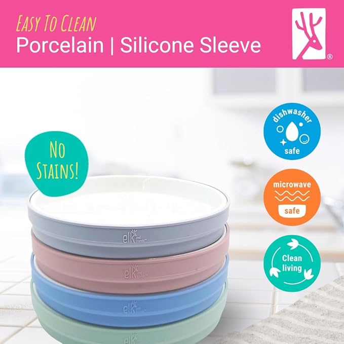 Elk and Friends Kids 7.8” Porcelain White Plates with Silicone Sleeves | Suitable for Babies/Toddlers | Microwave & Dishwasher Safe | Non Slip Dinnerware | Snack Dishes | 4 Pack