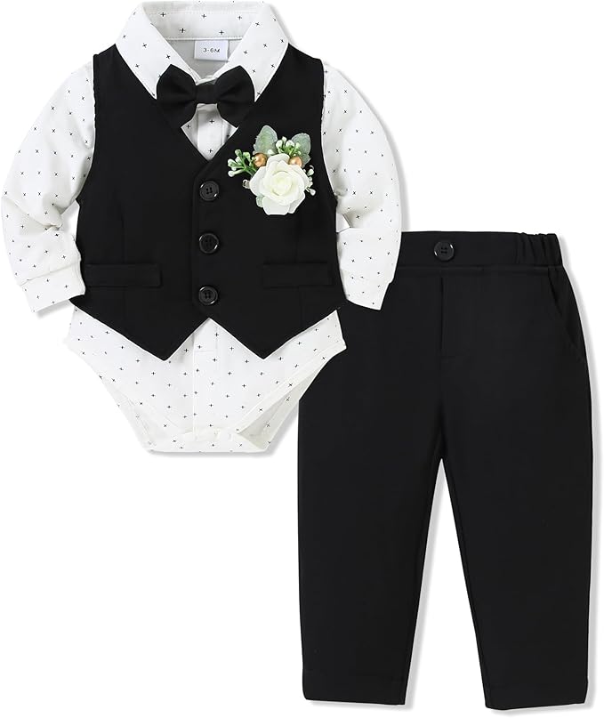 SANMIO Baby Boy Clothes Suits Infant Gentleman Outfit Collared Dress Shirt+Vest+Tie+Corsage+Pants 5Pcs Baby Suit Sets