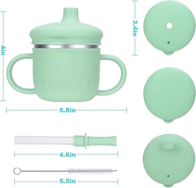 BUSOHA Stainless Steel Sippy Cups for 6+ Month Old - 3 IN 1 Silicone Sippy Cup Toddlers Baby Straw Cup with Brush,Lid and Silicon Straw Kids Anti-Drop Spill Proof Cups for Travel,8 oz,Green