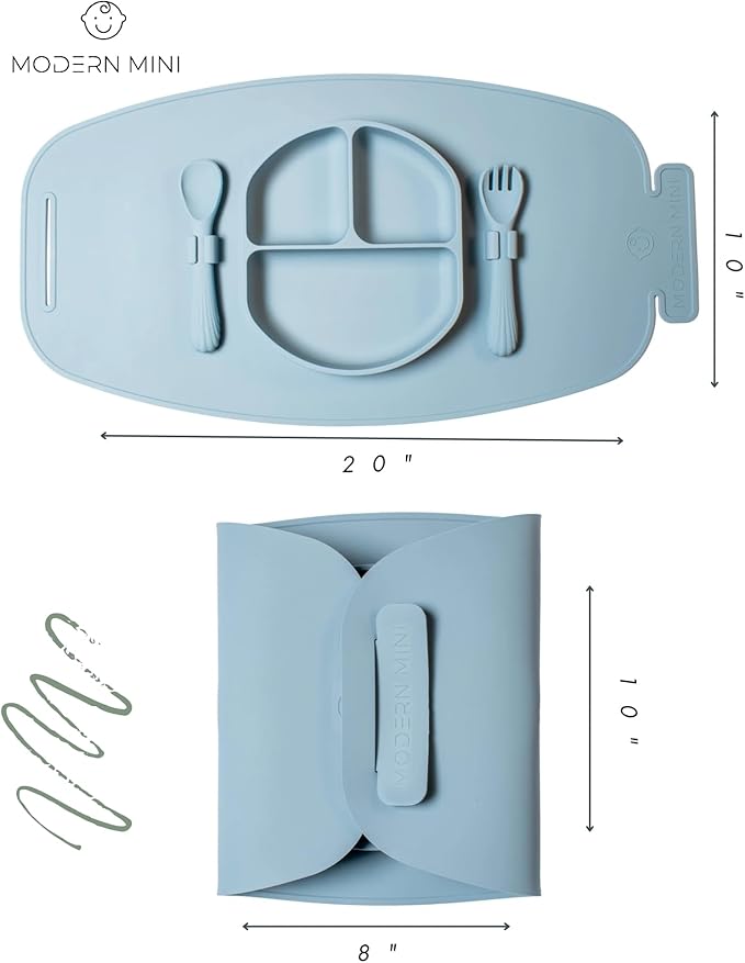Modern Mini - Silicone Suction Plate for Baby and Toddler, Divided Plate with Fork & Spoon - Unbreakable, Non-Toxic, Food Grade Silicone, Strong Suction Grip, Spill Proof & Foldable for Travel!