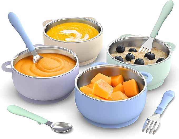 Baby Suction Bowls 4-Pack, 2-in-1 Stainless Steel 304 Toddler Bowl & Removable Silicone Suction Kids BowlNon Toxic Snack Container for Food Feeding, Twilight Meadow