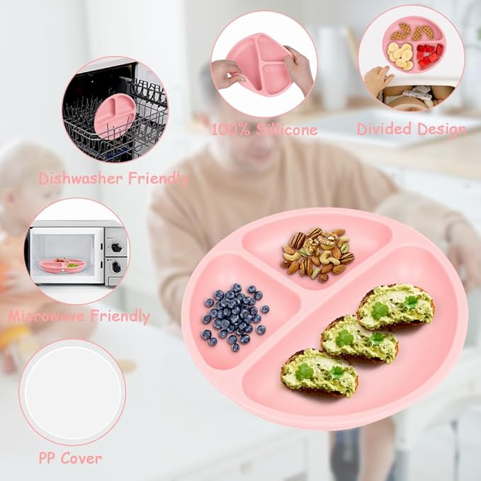 Vicloon Toddler Dishware Plate, 2 Pcs Silicone Plate with Divided Compartments, Suction Plates for Babies & Toddlers, BPA Free, Microwave & Dishwasher Safe, Includes Lids