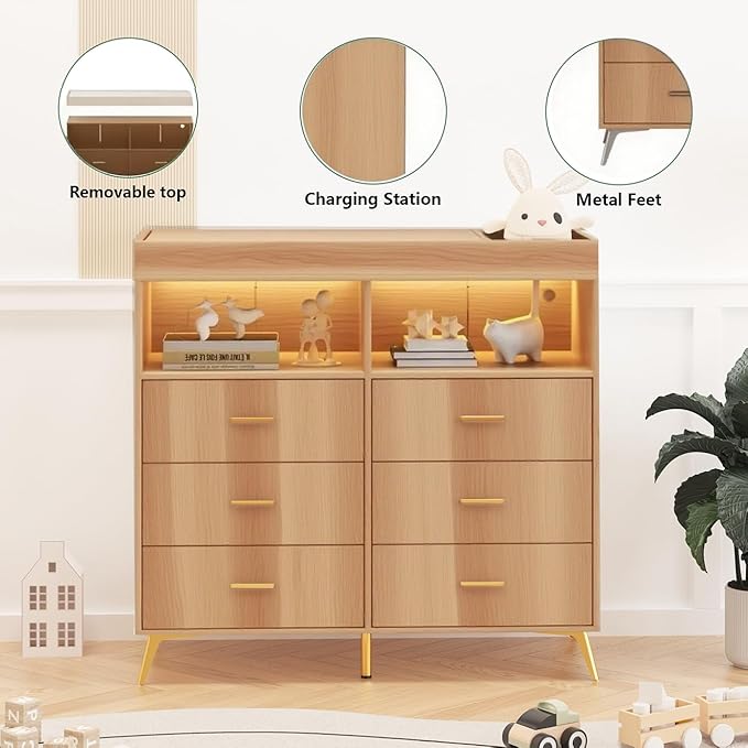Changing Table Dresser with Drawers, Baby Dresser with Changing Table Top, Power Outlet, LED Light & Metal Feet, Diaper Changing Station Nursery Organizer for Infants Newborn (Natural)