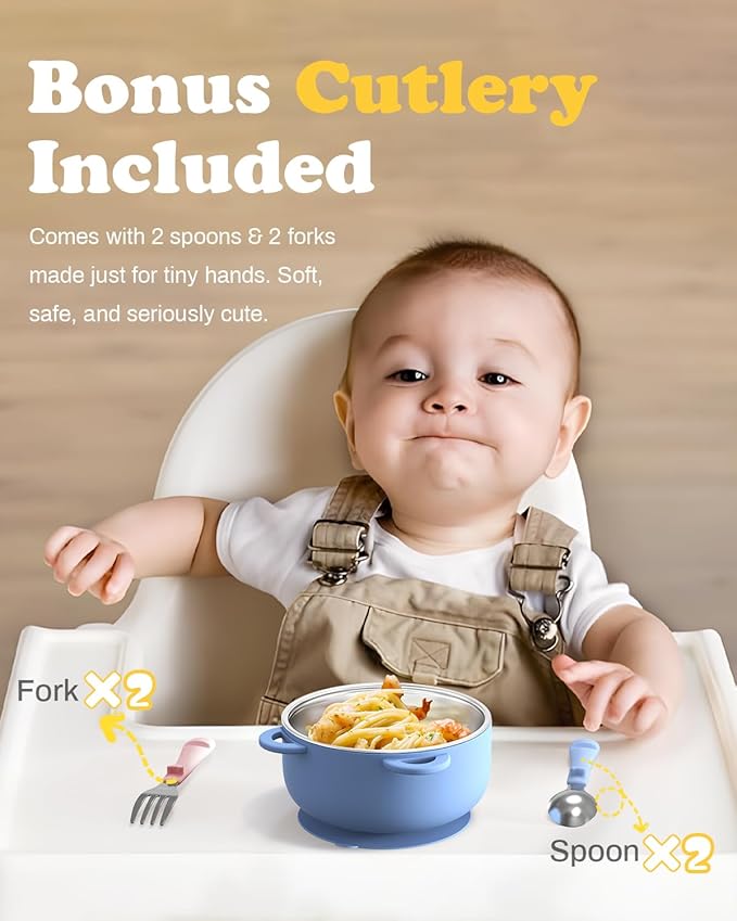 Toddler Feeding Suction Bowls and Utensils Set, 2-in-1 Stainless Steel 304 Kids Bowl & Silicone Suction Baby Bowl with Spoons and Forks, First Self-feeding Training Set, Sunrise Meadow