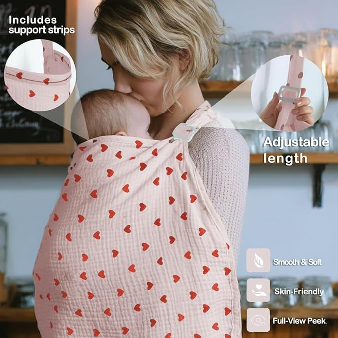 Muslin Nursing Covers for Breastfeeding, Arch Neckline Breast Feeding Covers for Women, Moms Privacy Breathable Summer Nursing Apron, 43.3" x 25.6" Soft Feeding Cover (Pink Red Heart)