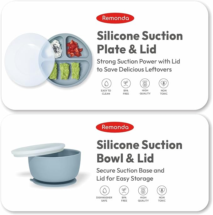 Remonda 23-Piece BPA-Free Silicone Baby Feeding Set | Extra Large Suction Plates, Toddler Bowls, Self Feeding Spoons, and More | Dishwasher Safe| Baby Led Weaning Supplies (Blue)