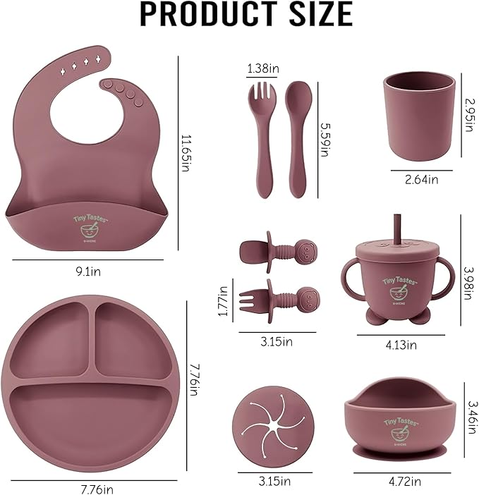 10-Piece Silicone Baby Feeding Set – BPA-Free, Spill-Proof Suction Plate, Bowl, Bib, Snack Cup & Utensils | Dishwasher Safe, Baby Gift Ready (Dark Pink)