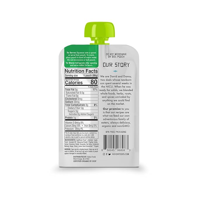 Kekoa Foods Shawarma, Artichoke & Cauliflower Baby Food Purée | 100% USDA Certified-Organic Vegetarian | Organic, Non-GMO, Gluten-Free, Vegan | Flavorful & Nutritious First Food for Babies | 3.5 oz