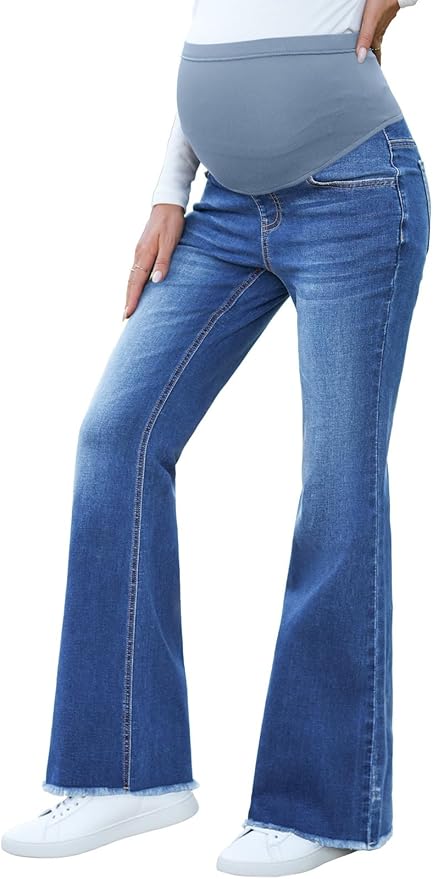 BLENCOT Maternity Jeans for Women Over Belly Pregnancy Pants Comfy Pregnant Jeans Flare Denim Jeans with Pockets