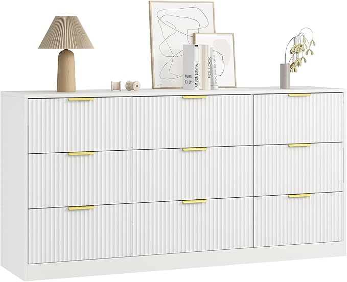 9 Drawer Dresser for Bedroom with Deep Drawers, 63" Wide Wood Dresser, Large Floor Chest of Drawers, Modern Long TV Stand, Storage Cabinet Side Table, White