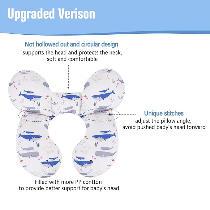 KAKIBLIN Baby Travel Pillow,Upgraded Baby Neck Pillows for Car Seat,Support Pillow,Infant Pillows for Head and Neck,Newborn Head Support for Car Seat,Pushchair (Whale)