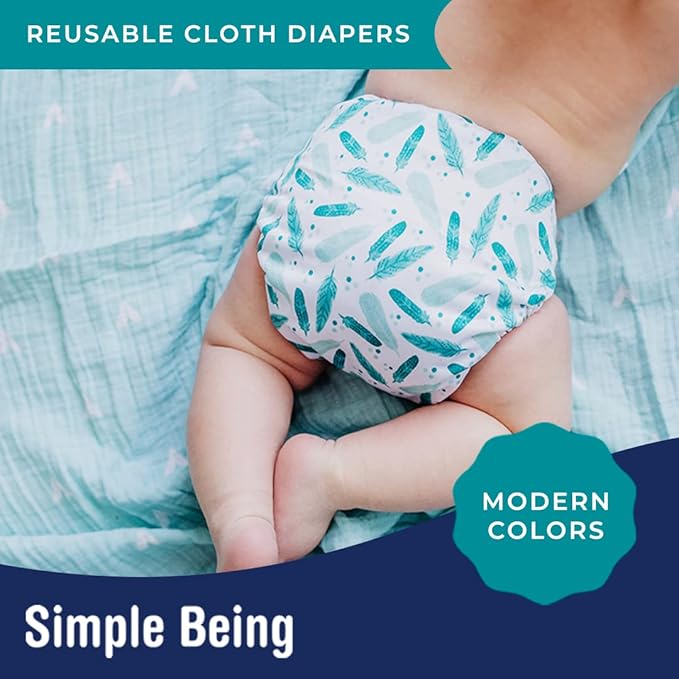 Simple Being Reusable Cloth Diapers, Double Gusset, One Size Adjustable, Washable Soft Absorbent, Waterproof Cover, Eco-Friendly Unisex Baby Girl Boy, six 4-Layers Microfiber Inserts (Christmas)