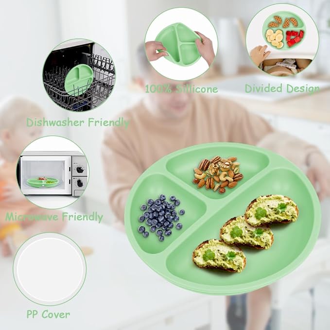 Vicloon Toddler Dishware Plate, 2 Pcs Silicone Plate with Divided Compartments, Suction Plates for Babies & Toddlers, BPA Free, Microwave & Dishwasher Safe, Includes Lids