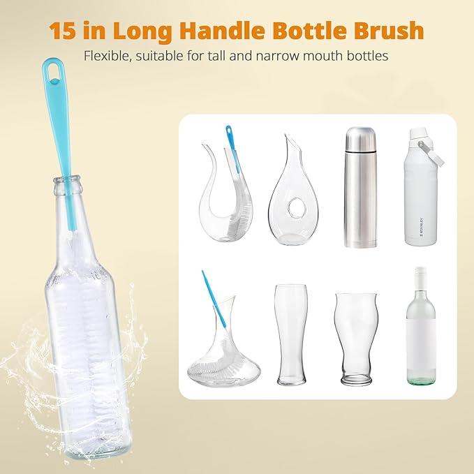 OUTXE 5 Pack Bottle Brush Set, 5-in-1 Water Bottle Cleaner Brush, 15"" Long Handle Bottle Cleaning Brush, 3 Straw Brush, Removable Nipple Brush, Detail Brush for Cup Lid Gap, WBBSBLB5