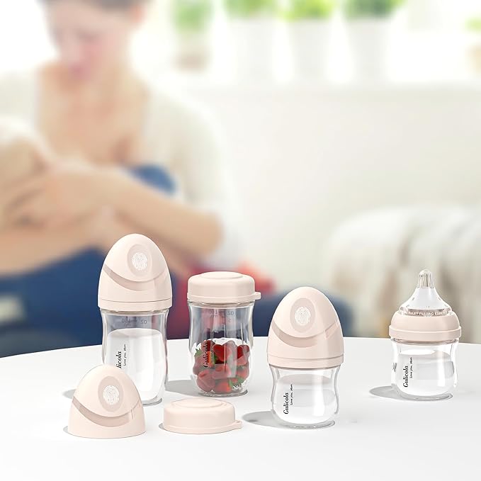 Gulicola Natural Glass Baby Bottles Set 4 Pack, Newborn Girl Breastfeeding Bottles with Slow Flow Nipples, 0 Months+, 3 oz & 5 oz - Pink
