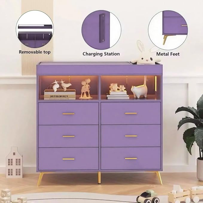 Changing Table Dresser with Drawers, Baby Dresser with Changing Table Top, Power Outlet, LED Light & Metal Feet, Diaper Changing Station Nursery Organizer for Infants Newborn (Purple)