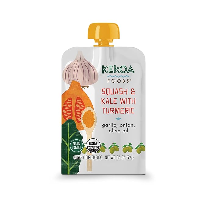 Kekoa Foods Squash & Kale with Turmeric Baby Food Purée | 100% USDA Certified-Organic Vegetarian Squeeze Pouch | Organic, Non-GMO, Gluten-Free, Vegan | Nutritious First Food for Babies | 3.5 oz