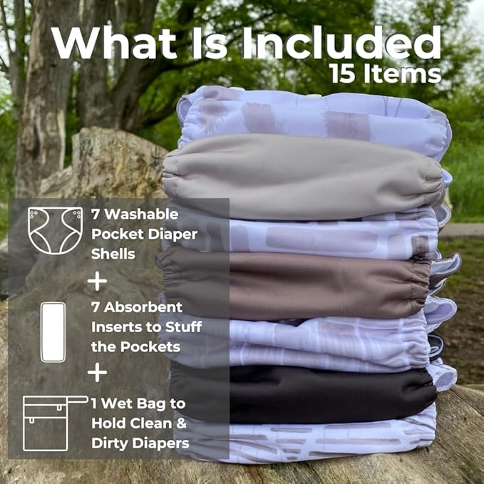 Nora's Nursery Cloth Diapers 7 Pack with 7 Inserts & 1 Wet Bag - Waterproof Cover, Washable, Reusable & One Size Adjustable Pocket Diapers for Newborns and Toddlers - Earthy Boho