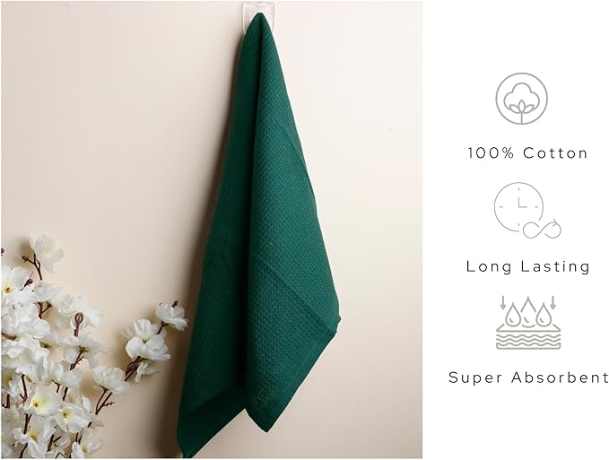 PurpleEssences Waffle Weave Kitchen Towel, 100% Cotton - 15 x 25 Inches, with Hanging Loop Ultra Soft Absorbent Quick Drying Dish Cloth, Tea and Hand Towels, 6 Pack - Fall Thanksgiving - Green