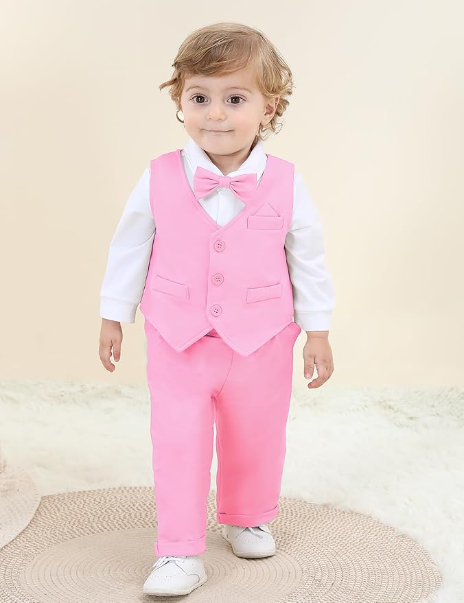 A&J DESIGN Baby Boy Suits Clothes Infant Toddler Formal Gentleman Outfits, Dress Shirt + Vest + Bow Tie + Pants Wedding Set
