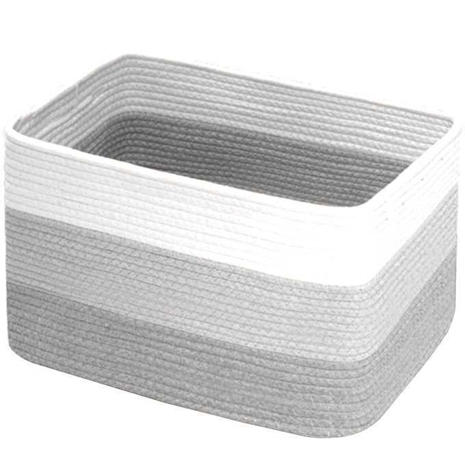 Hopegiver Storage Baskets for Organizing with Handle, Woven Baskets for Shelves - Durable Gift Basket for Cloth Toys Books Baby, Cotton Rope Basket for Dog Cat, 15x11x10 Inch(White&Light-Gray&Gray)
